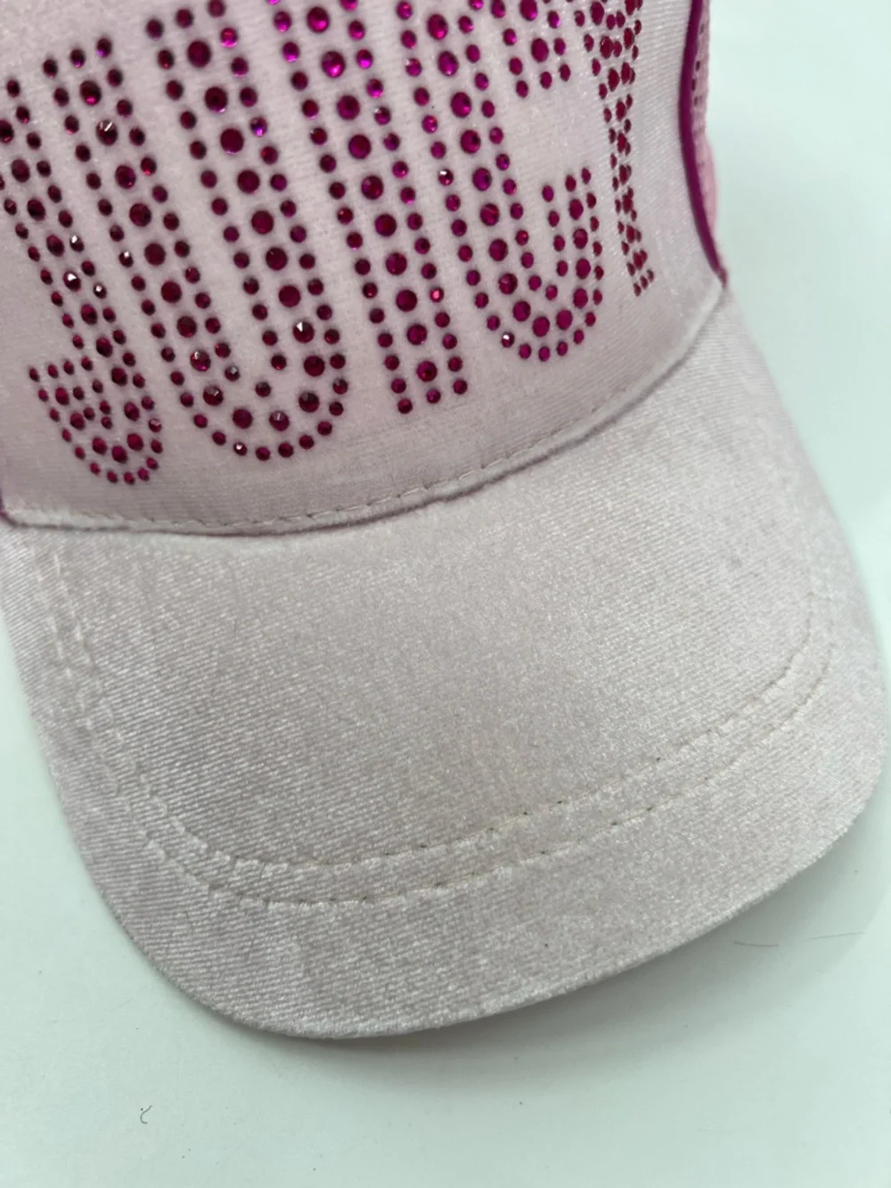Juicy Couture Kid’s Baseball Cap Pink Velour with Jeweled Logo Trucker Mesh